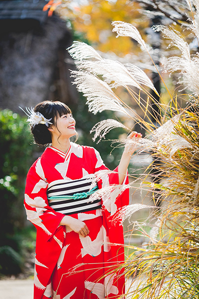 小松菜奈が成人式で着た振袖赤地白鳩振袖それいゆレンタル名古屋